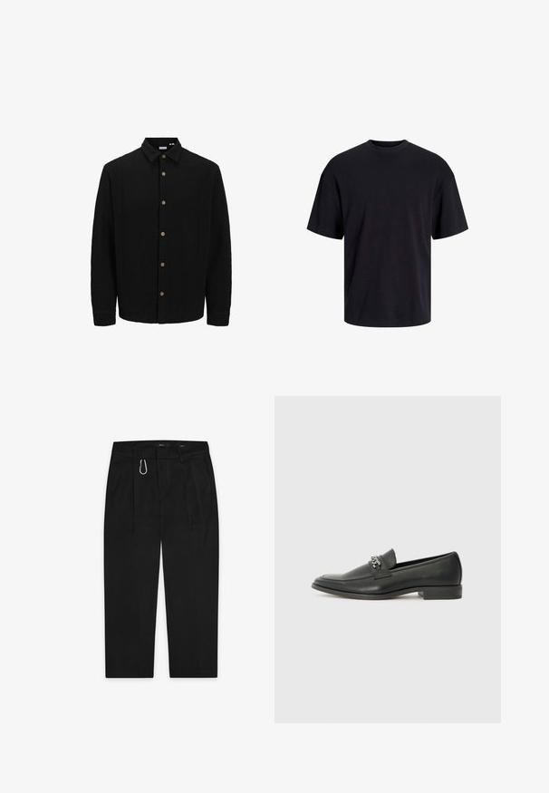 Black button-up shirt made of textured fabric. Features a pointed collar, long sleeves, and brown buttons along the front.; Black cotton t-shirt with a crew neckline, short sleeves, and a relaxed fit. Smooth texture and no visible patterns or accents.; Black trousers with a straight-leg design, featuring a silver metal carabiner clip and two side pockets. Made of smooth fabric.; Black leather loafer with a smooth finish, featuring a stitched design and a decorative metal chain accent across the vamp. Flat heel.