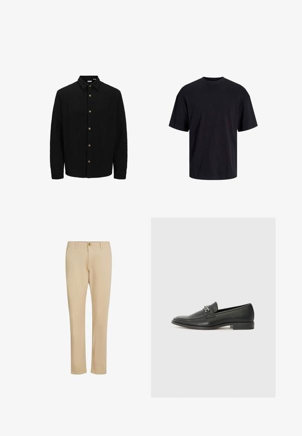 Camicia nera con bottoni, realizzata in tessuto testurizzato. Presenta un colletto a punta, maniche lunghe e bottoni marroni lungo il davanti.; T-shirt in cotone nero con collo rotondo, maniche corte e vestibilità morbida. Texture liscia senza pattern o dettagli visibili.; Pantaloni beige con design a gamba dritta, dotati di zip e chiusura a bottone, realizzati in tessuto liscio con dettagli di cucitura discreti.; Mocassino in pelle nera con finitura liscia, caratterizzato da un design cucito e da un accento decorativo in catena metallica sul vamp. Tacco piatto.