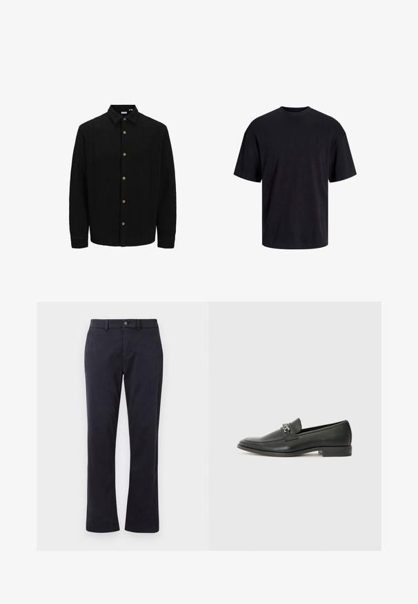 Fekete gombos ing, amely texturált anyagból készült. Jellemzője a hegyes gallér, hosszú ujjak és barna gombok az elején.; Fekete pamut póló, kerek nyakkivágással, rövid ujjú és laza fazonú. Simább anyagú, látható minták vagy díszítések nélkül.; Sötét tengerészkék, egyenes szabású nadrág övhurkokkal és elülső gombos zárással, fehér háttér előtt bemutatva.; Fekete bőr loaferek sima felülettel, varrott mintával és díszítő fém lánccal a cipő elején. Lapos sarok.