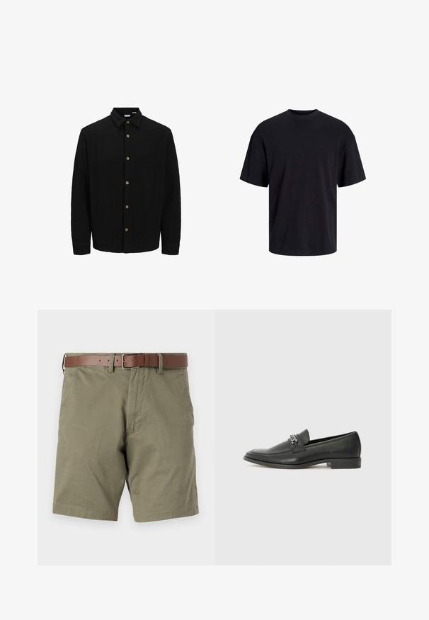 Must musta särk, mis on valmistatud tekstureeritud kangast. Omab teravat kraed, pikki varrukaid ja pruune nööpe esiküljel.; Must must on mustre, lühikeste varrukatega ja vabalt langev. Sile tekstuur ja ilma nähtavate mustrite või aktsentideta.; Oliivrohelised lühikesed püksid, mis on valmistatud kangast, koos pruuni nahkrihmaga, ees olevate taskutega ja sirge äärisega. Sile tekstuur ja lõdva disain.; Must haveate nahkking punased, millel on sile viimistlus, tikitud muster ja dekoratiivne metallkett vampi üle. Tasane konts.