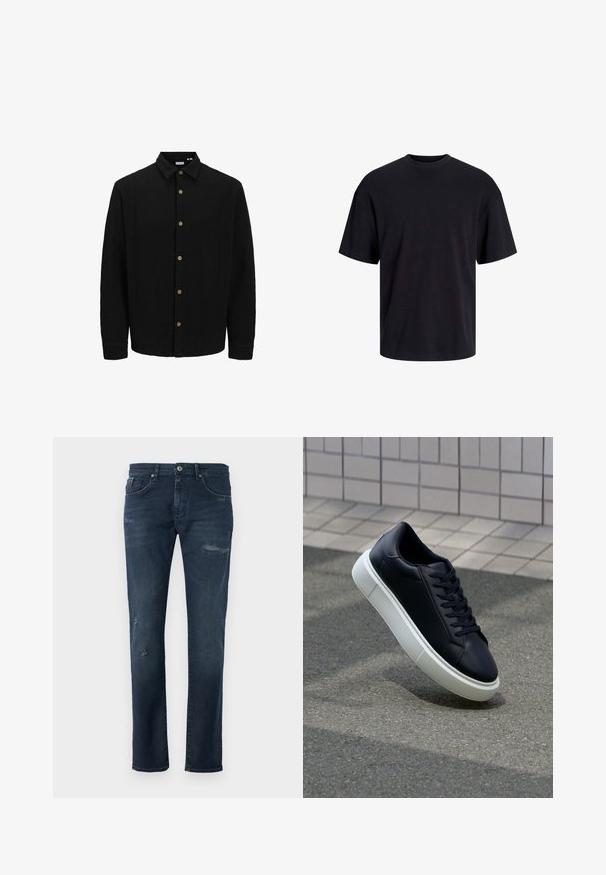 Camisa negra de botones con tejido texturizado. Presenta un cuello puntiagudo, mangas largas y botones marrones en la parte delantera.; Camiseta de algodón negra con cuello redondo, mangas cortas y un ajuste relajado. Textura suave y sin patrones ni acentos visibles.; Vaqueros de mezclilla azul oscuro con un corte recto, que presentan detalles desgastados, un ligero desvanecimiento y un diseño clásico de cinco bolsillos.; Zapatilla de cuero negro con punta redonda y suela de goma blanca. Presenta cordones planos y un mínimo de costuras en la parte superior. Suela texturizada para proporcionar agarre.