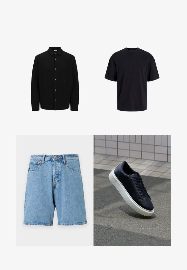 Melns krekliņš ar pogām, izgatavots no strukturētas auduma. Iekļauj norādītu apkakli, garas piedurknes un brūnas pogas priekšpusē.; Melns kokvilnas T-krekls ar apaļu kakla izgriezumu, īsām piedurknēm un brīvu piegriezumu. Gluda tekstūra un nav redzamu rakstu vai akcentu.; Gaišzili džinsu šorti ar klasisku piegriezumu, piecām kabatām un kontrastējošām šuvēm. Iespējo poga aizdare un plandošā apmale.; Melnas ādas kedas ar noapaļotu pirkstu un baltu gumijas zoli. Iespējas - plakanas šņorītes un minimāla apdare augšdaļā. Struktūrēta zole, lai nodrošinātu saķeri.