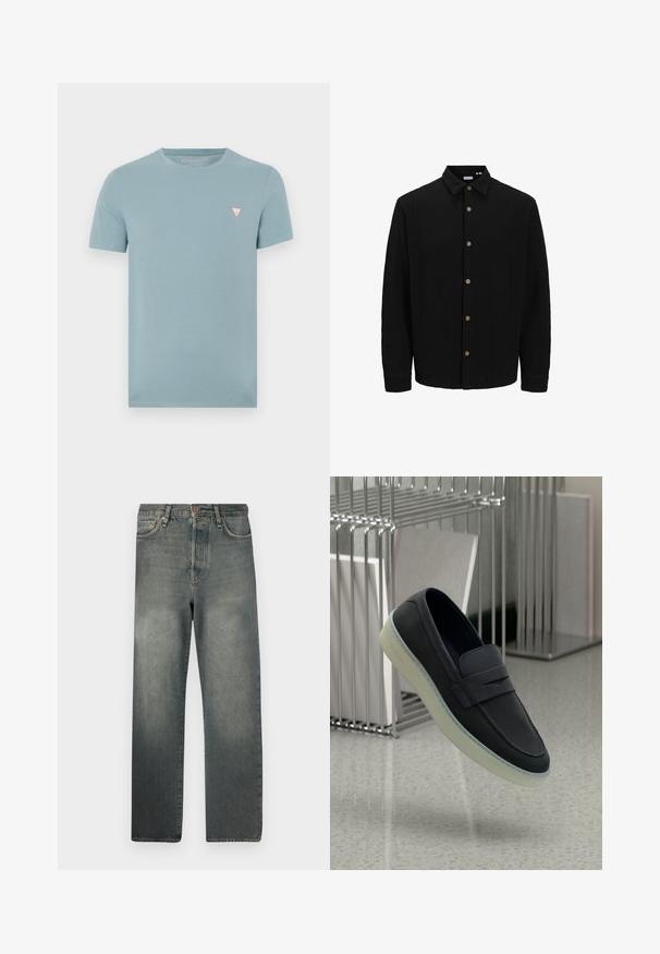 Juodas marškinėliai su priekyje užsegamomis mygtukais, pagaminti iš tekstūruoto audinio. Išskirtinės savybės – smailus apykaklė, ilgomis rankovėmis ir rudi mygtukai. ; Šviesiai mėlyna trumpomis rankovėmis marškinėliai, pagaminti iš minkštos medvilnės. Kairėje krūtinės pusėje yra mažas raudonas ir baltas trikampis logotipas.; Jack & Jones JJIALEX JJCOOPER - Platūs džinsai - black denim; Jūriniai odiniai batai su apvaliu nosiu, su dekoratyvine juostele ir permatomu guminio padu. Subtilus logotipas šone.