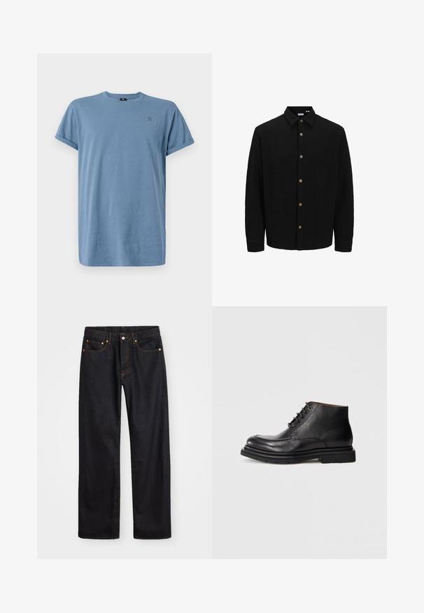 Melns krekliņš ar pogām, izgatavots no strukturētas auduma. Iekļauj norādītu apkakli, garas piedurknes un brūnas pogas priekšpusē.; G-STAR LASH - Pamata T-krekls - avio; Vīriešu taisno kāju melnie džinsi ar piecām kabatām un oranžu izšuvumu, ar pogu un zipa aizdari priekšējā jostas daļā.; Melnas ādas potītes zābaki ar auklām, noapaļota pirksta forma un bieza gumijas zole uz vienkārša baltā fona.