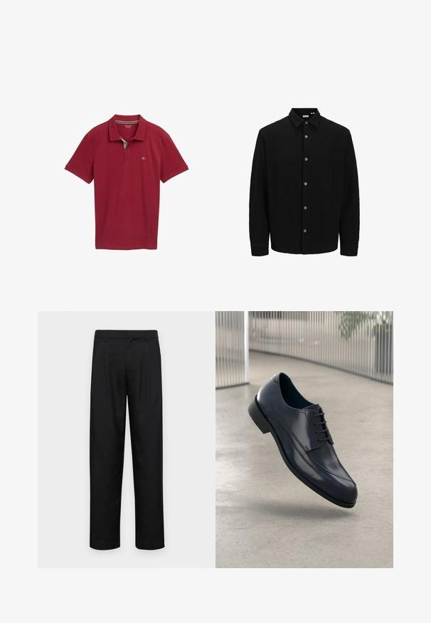 Čierna košela na gombíky vyrobená z textúrovanej látky. Má špicatý golier, dlhé rukávy a hnedé gombíky na prednej strane.; Červené polo tričko s golierom, krátkymi rukávmi a textúrovanou tkaninou. Na ľavej hrudi má malé logo.; Čierne nohavice vyrobené z hladkej tkaniny, s rovnými nohavicami, dvoma prednými skladmi a štandardným pásom s pútkami na opasok.; Lesklá čierna kožená obuv na šnurovanie, ktorá sa vznáša nad hladkým, svetlošedým podlahou a vertikálnymi kovovými tyčami v pozadí.