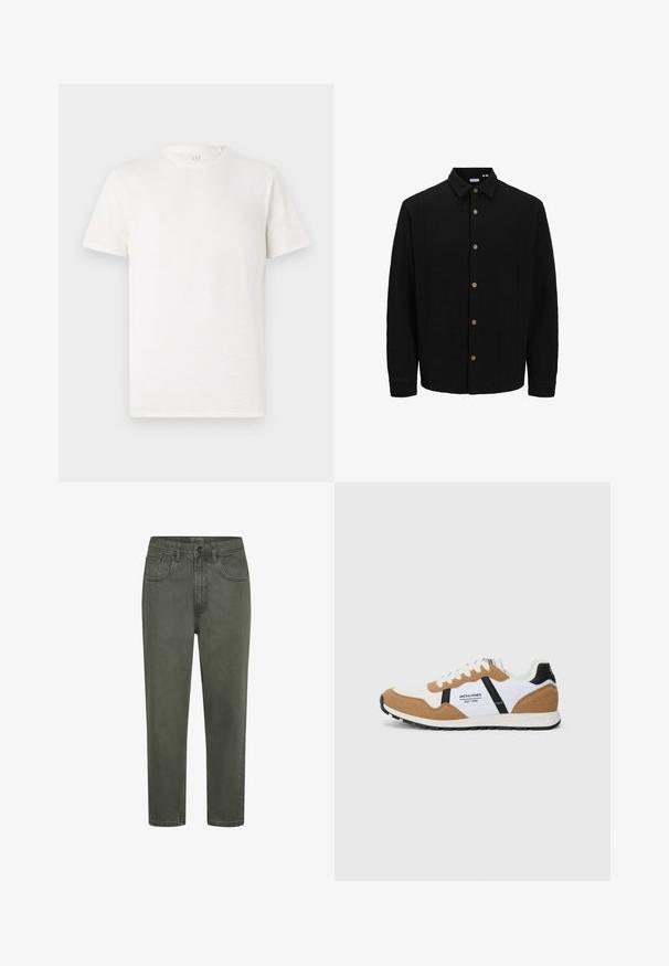 Fekete gombos ing, amely texturált anyagból készült. Jellemzője a hegyes gallér, hosszú ujjak és barna gombok az elején.; Rövid ujjú, kerek nyakú póló törtfehér színben, puha pamut keverékből, enyhén strukturált felülettel, látható minták vagy díszítések nélkül.; Zöld pamut chino nadrág egyenes siluettel, övfeszítőkkel, elülső zsebekkel és gombos zárással. Simává szőtt felület minimális varrással.; Retro stílusú sportcipő fehér, bézs velúrral, fekete akcentussal, fehér fűzőkkel és a "Jack & Jones EST. 1990" logóval az oldalon.
