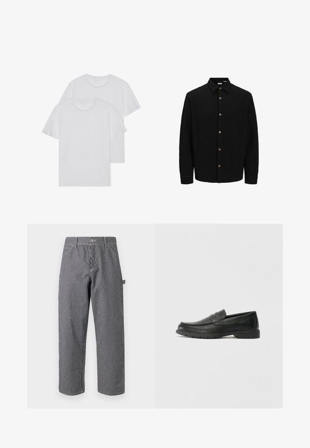 Must musta särk, mis on valmistatud tekstureeritud kangast. Omab teravat kraed, pikki varrukaid ja pruune nööpe esiküljel.; Kaks valget puuvillast t-särki ümmarguse kaelusega, lühikeste varrukatega ja pehme tekstuuriga. Mõlemad särgid on ühetoonilised ja ilma nähtavate mustrite või detailideta.; Triibulised püksid, mis on valmistatud puuvilla segakangast, koosnevad vertikaalsetest mustadest ja valgetest triipudest, nupuga kinnitamisest ning küljetaskute kujundusest.; Musthave nahkkingad siledast nahast, mokassiini stiilis ülevalt, tikanditega ja kummist tallaga. Klassikaline disain madala kontsaga.