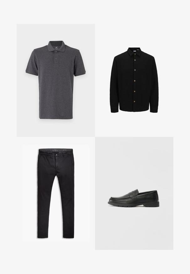 Sort skjorte med knaplukning lavet af struktureret stof. Har en spidse krave, lange ærmer og brune knapper foran.; GAP Poloshirts - light grey; Sorte bomulds-chinos med tapered fit, der har fem lommer, bæltestropper og en glat texure. Lynlås med knaplukning.; Sorte læderslippers med en glat finish, mokkasin-stil overdel, syninger og gummisål. Klassisk design med en lav hæl.