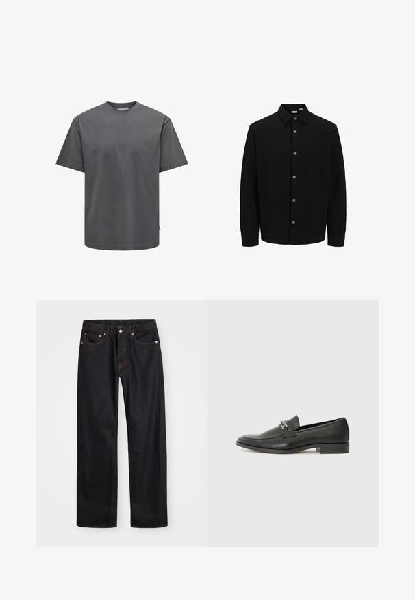 Melns krekliņš ar pogām, izgatavots no strukturētas auduma. Iekļauj norādītu apkakli, garas piedurknes un brūnas pogas priekšpusē.; Pelēks kokvilnas t-krekls ar apaļu apkakli un īsām piedurknēm. Ievēro regulāru piegriezumu un vienkāršu tekstūru bez redzamām rakstiem vai akcentiem.; Vīriešu taisno kāju melnie džinsi ar piecām kabatām un oranžu izšuvumu, ar pogu un zipa aizdari priekšējā jostas daļā.; Melna ādas loafer izmēra apavi ar gludu virsmu, piedāvā ar šūtu dizainu un dekoratīvu metāla ķēdes akcentu pār vampu. Plakana papēža daļa.