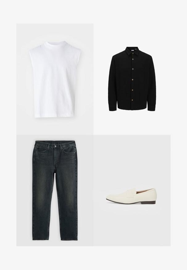 Sort skjorte med knaplukning lavet af struktureret stof. Har en spidse krave, lange ærmer og brune knapper foran.; Hvid ærmeløs top lavet af bomuld med en rund halsudskæring, en afslappet pasform og en glat tekstur. Enkel design uden mønstre eller detaljer.; Sorte denim jeans med lige ben, fem-lomme design og subtile falmning detaljer. Har knap- og lynlåslukning.; Lys beige loafers med spids tå, glat materiale, en rem over vampen og en lav brun sål. Simpelt design med minimale detaljer.