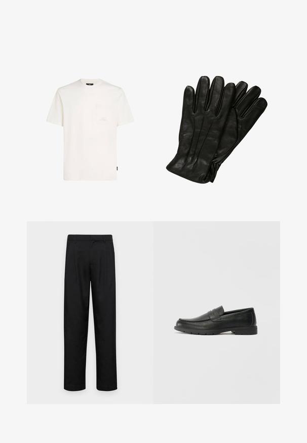 Sort skjorte med knaplukning lavet af struktureret stof. Har en spidse krave, lange ærmer og brune knapper foran.; Hvid kortærmet t-shirt lavet af bomuld, med en frontlomme og små logo detaljer på brystet. Blød tekstur og afslappet pasform.; Sorte bukser lavet af glat stof, med et lige ben-design, to frontfolder og en standard talje med bæltestropper.; Sorte læderslippers med en glat finish, mokkasin-stil overdel, syninger og gummisål. Klassisk design med en lav hæl.; Sorte læderhandsker med en glat tekstur, fem fingre og subtile syninger. Klassisk design, egnet til brug i koldt vejr.