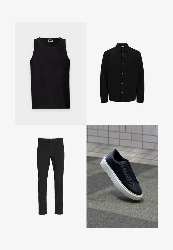 Črna srajca na gumb iz teksturirane tkanine. Ima usnjeni ovratnik, dolge rokave in rjave gumbe po sprednji strani.; Črn rebrast top s krožnim izrezom, brez rokavov in mehkim, teksturiranim materialom. Ima ravno rob in minimalno branding.; Črne bombažne hlače iz mešanice tkanin, ožjega kroja, z gumbom za zapiranje, žepi in zavihanimi robovi za sproščen videz.; Črne usnjene superge z zaobljenim prstom in belim gumijastim podplat. Imajo ravne vezalke in minimalno šivanje na zgornjem delu. Teksturirani podplat za oprijem.