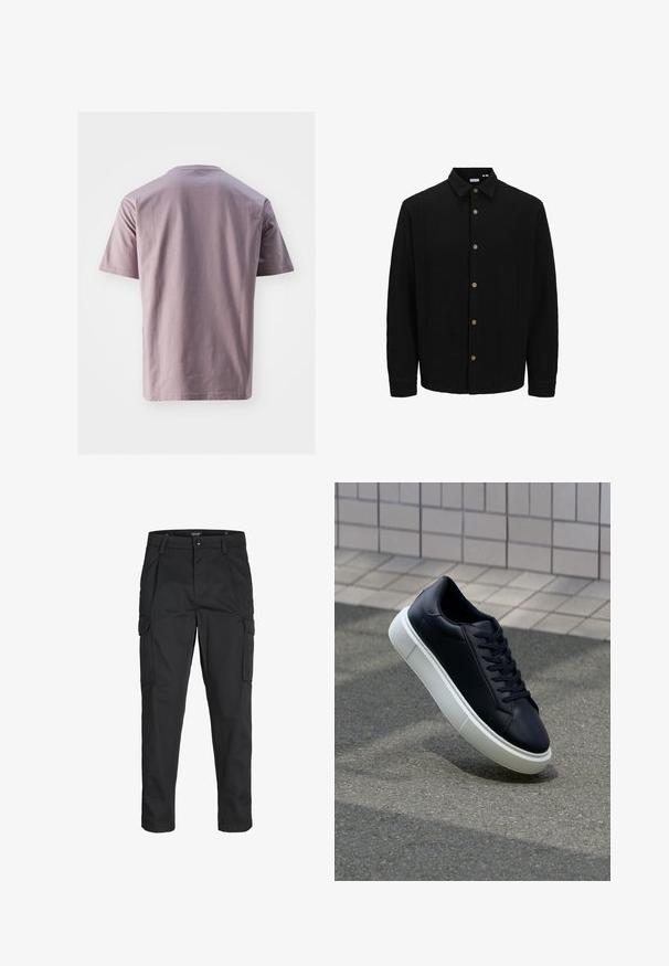 Čierna košela na gombíky vyrobená z textúrovanej látky. Má špicatý golier, dlhé rukávy a hnedé gombíky na prednej strane.; Tričko s krátkym rukávom a kulatým výstrihom v jemnej levandulovej farbe vyrobené z mäkkej bavlny s hladkou textúrou. Rovný spodný lem a minimalistický dizajn, bez viditeľných log alebo vzorov.; Čierne cargo nohavice z odolnej látky, s viacerými vreckami, gombíkovým zapínaním a úzkym strihom so zúženými nohavicami.; Čierne kožené tenisky s okrúhlou špičkou a bielou gumovou podrážkou. Majú ploché šnúrky a minimálne šitie na vrchu. Textúrovaná podrážka pre lepšiu priľnavosť.