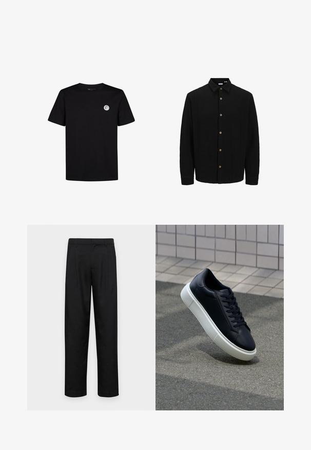 Melns krekliņš ar pogām, izgatavots no strukturētas auduma. Iekļauj norādītu apkakli, garas piedurknes un brūnas pogas priekšpusē.; Melna kokvilnas T-kreklā ar īsām piedurknēm un apaļu kakla izgriezumu. Tam ir neliels apļa logotips kreisajā krūšu zonā. Vienkāršs dizains.; Melnas bikses, izgatavotas no gludas auduma, ar taisnu kāju dizainu, divām priekšējām krokām un standarta jostu, kurai ir āķi.; Melnas ādas kedas ar noapaļotu pirkstu un baltu gumijas zoli. Iespējas - plakanas šņorītes un minimāla apdare augšdaļā. Struktūrēta zole, lai nodrošinātu saķeri.
