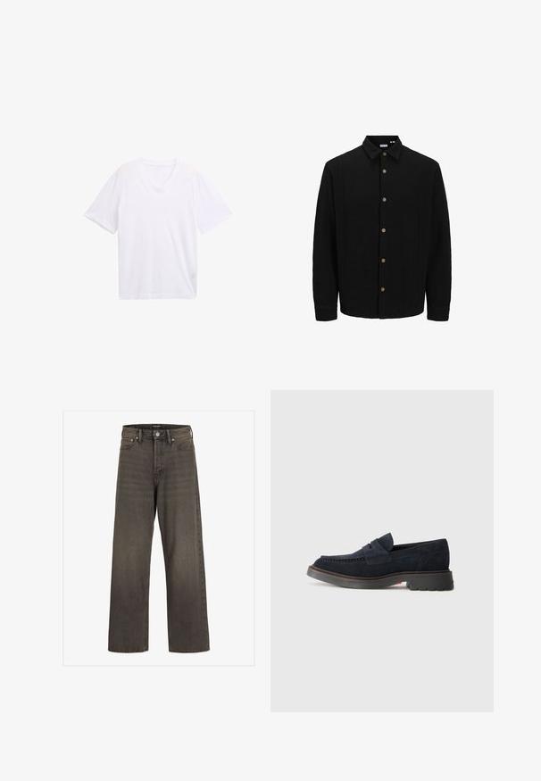 Fekete gombos ing, amely texturált anyagból készült. Jellemzője a hegyes gallér, hosszú ujjak és barna gombok az elején.; Fehér V nyakú póló, könnyű pamutból készült. Rövid ujjú és laza szabású. Simább textúrájú, grafikus minták vagy díszítések nélkül.; Széles lábú farmernadrág sötétszürke denimből, magas derékkal, klasszikus öt zsebes kialakítással és kontrasztos varrással az illesztések mentén.; Sötétkék velúr lófarok, kerek orral, díszítő varrással és enyhe emelkedésű gumitalppal. Tartós anyag és kialakítás.