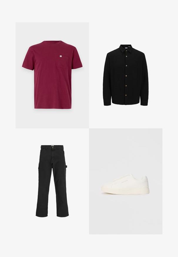 Melns krekliņš ar pogām, izgatavots no strukturētas auduma. Iekļauj norādītu apkakli, garas piedurknes un brūnas pogas priekšpusē.; Bordo krāsa kokvilnas T-kreklā ar apaļu kakla izgriezumu, īsām piedurknēm un kreisajā krūtī esošu kabatu. Kabatā ir neliels zīmola birka.; Melnas cargo bikses no kokvilnas maisījuma auduma. Iekļauj plašas kājas, priekšējās slīpās kabatas un sānu kabatu ar cilpu aksesuāriem.; Baltas slip-on sporta apavi ar teksturētu virsmu, biezu zoli un minimālistisku dizainu. Sānos redzams zīmola logotips.