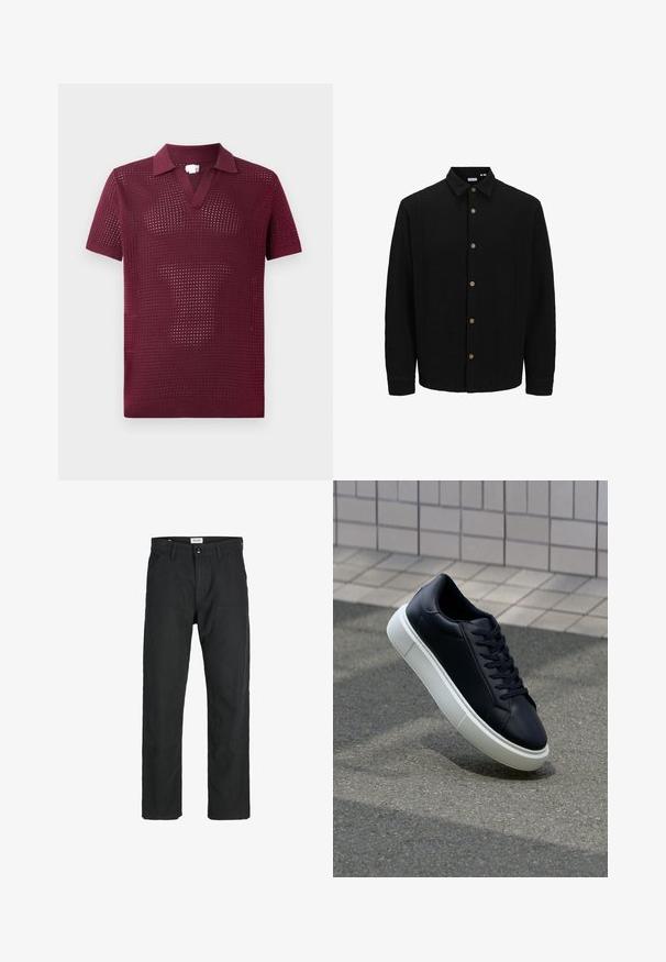 Melns krekliņš ar pogām, izgatavots no strukturētas auduma. Iekļauj norādītu apkakli, garas piedurknes un brūnas pogas priekšpusē.; Burgundijas īsām piedurknēm polo krekls ar teksturētu atvērtu audumu, ar V veida kakla izgriezumu un strukturētu apkakli, izgatavots no viegla adīta materiāla.; Melnas bikses no izturīga auduma, ar taisna griezuma dizainu, izšūtām akcentiem un divām priekšējām kabatām funkcionālitātei.; Melnas ādas kedas ar noapaļotu pirkstu un baltu gumijas zoli. Iespējas - plakanas šņorītes un minimāla apdare augšdaļā. Struktūrēta zole, lai nodrošinātu saķeri.
