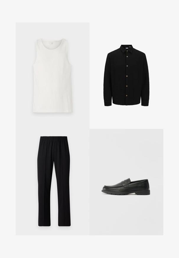 Must musta särk, mis on valmistatud tekstureeritud kangast. Omab teravat kraed, pikki varrukaid ja pruune nööpe esiküljel.; Valge ilma varrukateta t-särk ribblikust kangast, ümara kraega ja puhaste servadega. Sildi keskmine tagaosas on kirjas "GAP."; Mustad, elastse puusärgid sirge säärega, mis on sileda tekstuuriga ja ilma nähtavate mustrite või riistadega.; Musthave nahkkingad siledast nahast, mokassiini stiilis ülevalt, tikanditega ja kummist tallaga. Klassikaline disain madala kontsaga.