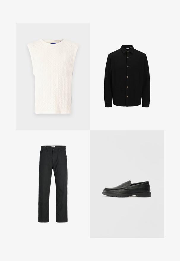 Crna košulja s dugim rukavima napravljena od teksturirane tkanine. Ima oštru kragnu i smeđe gumbe duž prednje strane.; Bela bezrukavna majica s teksturiranim dijamantnim uzorkom i rebrastim izrezom i rubovima. Standardni kroj, lagani pleteni materijal.; Crne hlače od izdržljivog materijala, s ravnim krojem, šivenim detaljima i dva prednja džepa za funkcionalnost.; Crne kožne mokasine s glatkom površinom, gornji dio u stilu mokasina, ojačani šavovi i gumeni potplat. Klasičan dizajn s niskom petom.