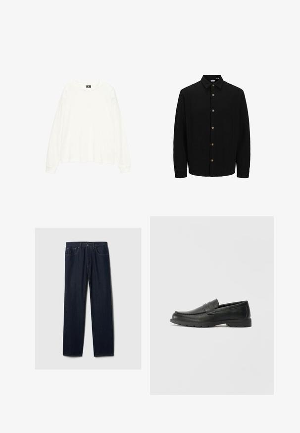 Camasa neagră cu nasturi, realizată dintr-un material texturat. Are guler ascuțit, mâneci lungi și nasturi maro pe față.; Cămașă albă cu mânecă lungă, realizată dintr-un material moale, cu un guler larg de tip crew și o croială lejeră. Textură netedă cu manșete ribotate.; Jeans din denim de culoare albastru închis, cu croială dreaptă, design cu cinci buzunare, închidere cu buton și cusături vizibile pe un fundal deschis.; Labeled cu oglindă din piele neagră cu un finisaj neted, partea superioară în stil mocasin, detalii cusute și o talpă din cauciuc. Design clasic cu un toc jos.