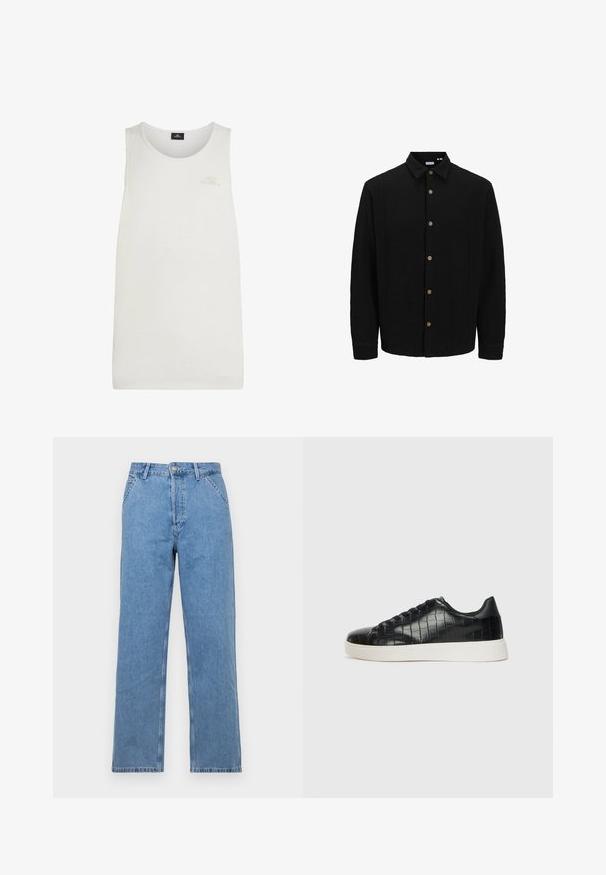 Czarna koszula na guziki, wykonana z fakturowanej tkaniny. Posiada spiczasty kołnierzyk, długie rękawy oraz brązowe guziki z przodu.; Biała koszulka na ramiączkach wykonana z lekkiego materiału. Posiada okrągły dekolt oraz małe, wytłoczone logo na piersi. Prosty, gładki design.; Jasnoniebieskie dżinsy o prostym kroju z klasycznym pięciopocketowym wykończeniem, z zapięciem na guzik z przodu i szlufkami na pasek. Gładka tekstura.; Czarne sneakersy z teksturowaną cholewką ze skóry z tłoczeniem w kształcie krokodyla, okrągłym noskiem oraz kontrastującą białą gumową podeszwą o gładkim wykończeniu.