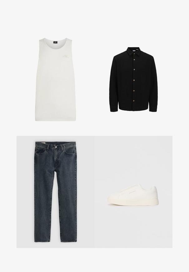 Camicia nera con bottoni, realizzata in tessuto testurizzato. Presenta un colletto a punta, maniche lunghe e bottoni marroni lungo il davanti.; Canotta bianca realizzata in tessuto leggero. Presenta un colletto rotondo e un piccolo logo in rilievo sul petto. Design semplice e senza fronzoli.; Jeans in denim blu scuro con un design a gamba dritta, cinque tasche e chiusura con bottone. Il tessuto presenta una leggera sfumatura e texture.; Sneakers bianchi slip-on con superficie texturizzata, suola spessa e design minimalista. Presentano il logo del marchio sul lato.