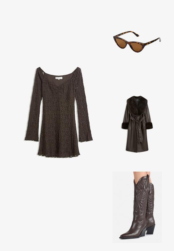 Rjav usnjen plašč z velikim umetnim krznom na ovratniku in zapestjih, z pasom in stranskimi žepi. Gladka tekstura in dolžina do kolen.; Rjava čipkasta obleka z dolgimi rokavi, brezramenski dizajn, cvetlični vzorec, nabrana sprednja podrobnost in valoviti rob.; Rjave usnjene kavbojske čevlje z ostrim nosom in blok peto, ki vsebujejo podrobno šivanje in dvignjene dodatke na zgornjem delu.; Mačje oči sončna očala z okvirom v črno-oranžni želvej ohišji, rjavimi lečami in elegantnimi, ostrimi konicami. Imajo minimalistični logo na ročaju.