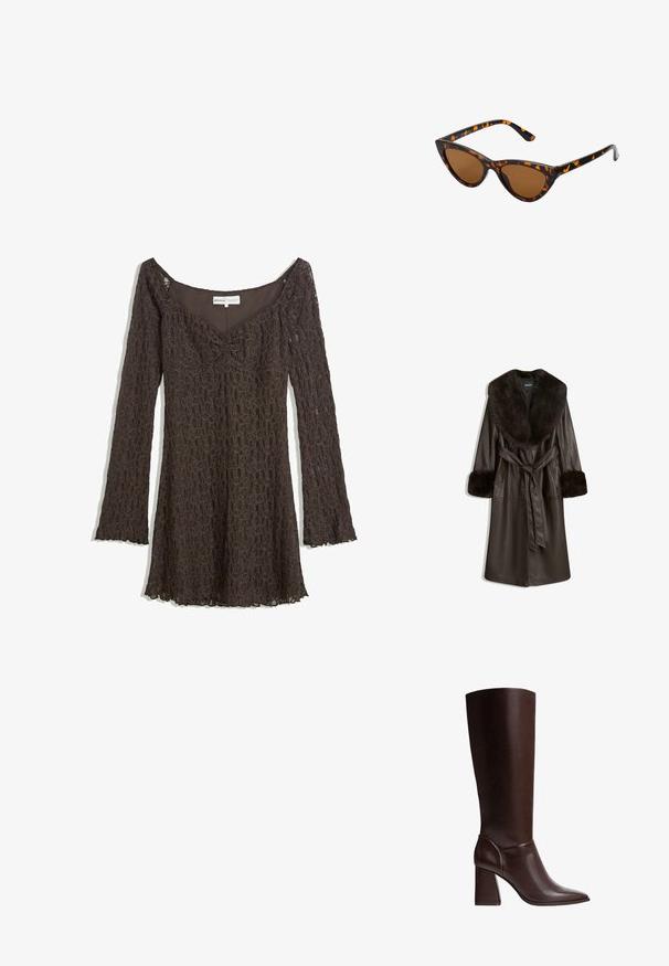 Brun läderjacka med en stor krage och manschetter i konstpäls, med en bälte i midjan och sidofickor. Slät textur och knälång design.; Brun spetsklänning med långa ärmar, off-shoulder design, blommönster, samlad frontdetalj och scalloped nederkant.; Brun läderknähöga stövel med spetstå och blockklack, som har en slät yta och en elegant design. Försedd med accenterad sömnad vid ankeln.; Kattögon-solglasögon med en ram i svart och orange sköldpaddsmönster, bruna linser och smala, spetsiga tips. Har en minimalistisk logotyp på bågen.