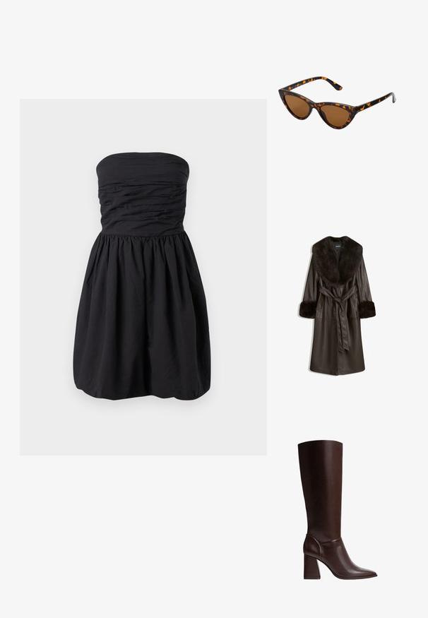 Brun läderjacka med en stor krage och manschetter i konstpäls, med en bälte i midjan och sidofickor. Slät textur och knälång design.; Svart axelbandslös klänning med rynkigt tyg vid midjan och en utställd kjol. Tillverkad av lätt material med en slät yta.; Brun läderknähöga stövel med spetstå och blockklack, som har en slät yta och en elegant design. Försedd med accenterad sömnad vid ankeln.; Kattögon-solglasögon med en ram i svart och orange sköldpaddsmönster, bruna linser och smala, spetsiga tips. Har en minimalistisk logotyp på bågen.