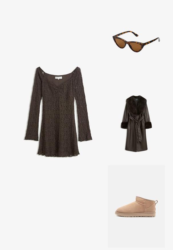 Hnědý kožený kabát s velkým límcem a manžetami z umělé kožešiny, s páskem v pase a bočními kapsami. Hladká textura a délka ke kolenům.; Hnědá krajková šaty s dlouhými rukávy, design bez ramínek, květinový vzor, řasený detail v přední části a vlnkovaný lem.; Béžové semišové kotníkové boty s zaoblenou špičkou, jemnou texturou, jednoduchým designem a nízkou gumovou podrážkou. Disponují poutkem na zadní straně.; Sluneční brýle ve stylu kočičích očí s černo-oranžovým želvovinovým rámem, hnědými skly a elegantními, špičatými konci. Obsahují minimalistické logo na straně.