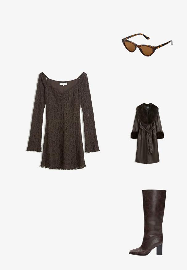 Hnědý kožený kabát s velkým límcem a manžetami z umělé kožešiny, s páskem v pase a bočními kapsami. Hladká textura a délka ke kolenům.; Hnědá krajková šaty s dlouhými rukávy, design bez ramínek, květinový vzor, řasený detail v přední části a vlnkovaný lem.; Hnědé kožené sálové boty po kolena s špičatou špičkou, texturovaným povrchem a robustním černým podpatkem. Hladký povrch, minimální zdobení.; Sluneční brýle ve stylu kočičích očí s černo-oranžovým želvovinovým rámem, hnědými skly a elegantními, špičatými konci. Obsahují minimalistické logo na straně.
