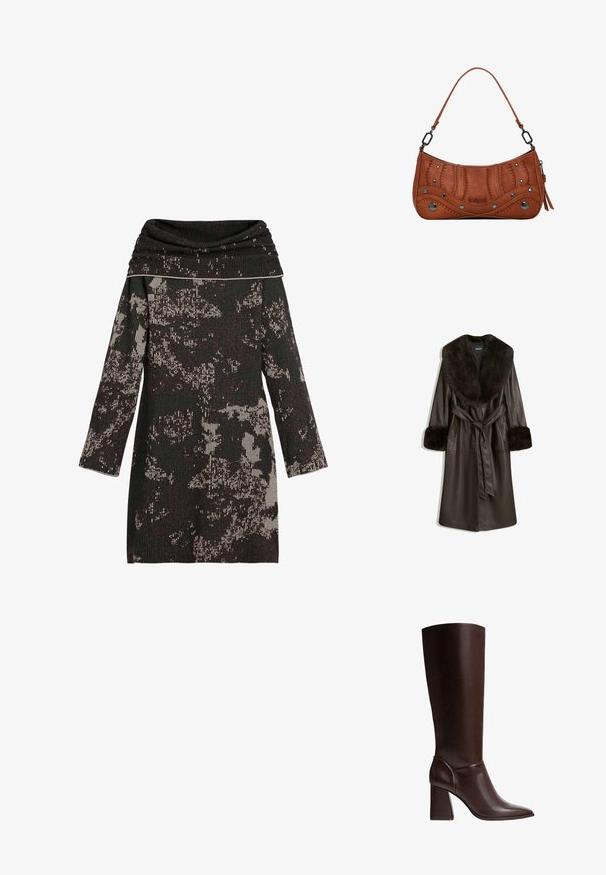 Brauner Leder-Umhang mit großem Kunstpelzkragen und -manschetten, mit einem taillierten Gürtel und Seitentaschen. Glatte Textur und knielanges Design.; Strickkleid mit Schalkragen, das schwarze und cremefarbene abstrakte Muster, lange Ärmel und strukturiertes Rippmaterial aufweist.; Braune Lederkniehohe Stiefel mit einer spitzen Zehe und Blockabsatz, die eine glatte Textur und ein elegantes Design aufweisen. Akzentuiertes Nähen am Knöchel.; Braune synthetische Handtasche mit geschwungenem Design, detaillierter Steppnaht, Metallnieten und einem kurzen Tragegriff. Reißverschlussverschluss mit dekorativen Akzenten.