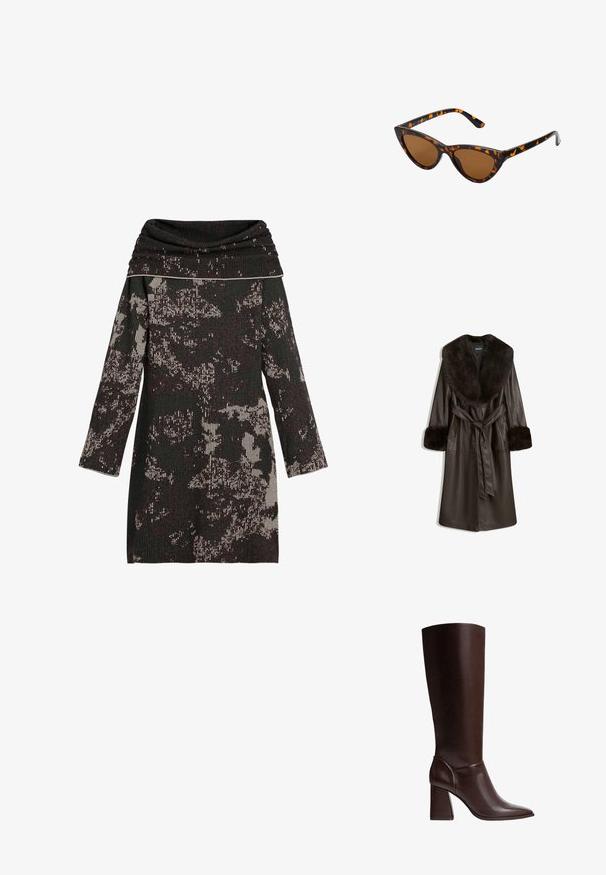 Hnědý kožený kabát s velkým límcem a manžetami z umělé kožešiny, s páskem v pase a bočními kapsami. Hladká textura a délka ke kolenům.; Pletené šaty s výstřihem do roláku, s černobílými abstraktními vzory, dlouhými rukávy a texturovaným ribovým materiálem.; Hnědé kožené vysoké boty po kolena s špičatou špičkou a blokovým podpatkem, s hladkou texturou a elegantním designem. Ozdobené šitím v oblasti kotníku.; Sluneční brýle ve stylu kočičích očí s černo-oranžovým želvovinovým rámem, hnědými skly a elegantními, špičatými konci. Obsahují minimalistické logo na straně.; Burgundská kožená kabelka se strukturovaným designem, krátkými uchy, zlatým obdélníkovým západkovým uzávěrem a odnímatelným střapcem jako akcentem.