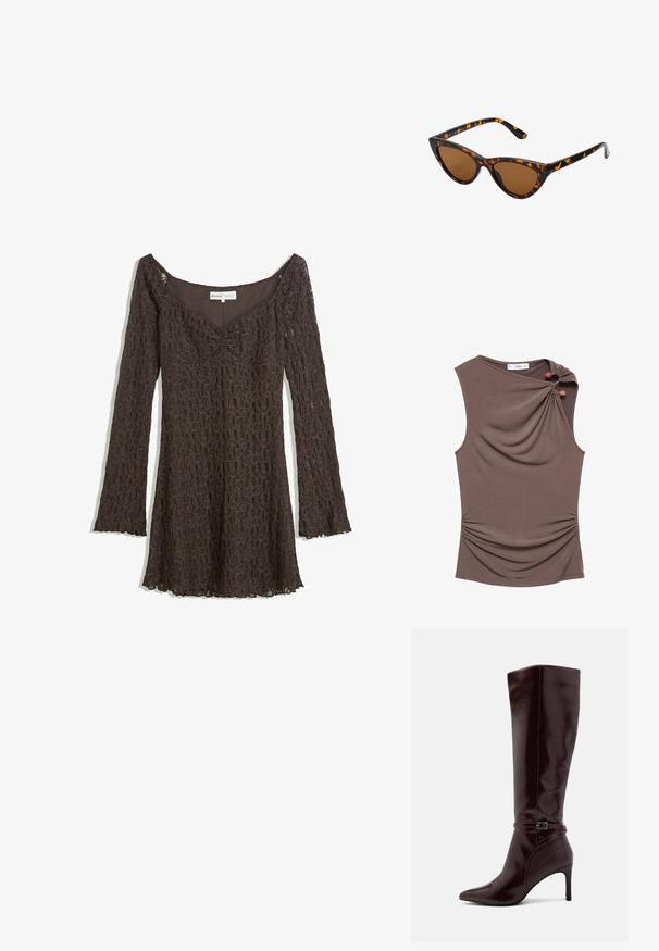 Brown leather coat with a large faux fur collar and cuffs, featuring a belted waist and side pockets. Smooth texture and knee-length design.; Brown sleeveless top with a draped front, side ruching, and two decorative buttons at the shoulder in a smooth, stretchy fabric.; Brown lace dress with long sleeves, off-shoulder design, floral pattern, gathered front detail, and scalloped hem.; Anna Field Boots - bordeaux; Cat-eye sunglasses with a black and orange tortoiseshell frame, brown lenses, and sleek, pointed tips. Features a minimal logo on the temple.; Dark brown leather handbag with two top handles, gold hardware accents, a front clasp detail, and stitched textures on the sides.