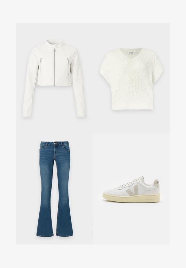 Witte cropped jas van glad leder. Bevat een staande kraag, voorritsen en twee borstzakken met een strak design.; Witte kabelgebreide trui met een V-hals, korte mouwen, geribde onderrand en een textuurpatroon. Gemaakt van zacht, gebreid materiaal.; Denim flared jeans in medium blauw met een gladde textuur, voorzien van twee voorzakken, een knoopsluiting en een lichte vervaging.; Witte leren sneaker met beige suède accenten, geperforeerde neus, platte veters en een gestructureerde crèmekleurige zool. Heeft subtiele branding op de hak.