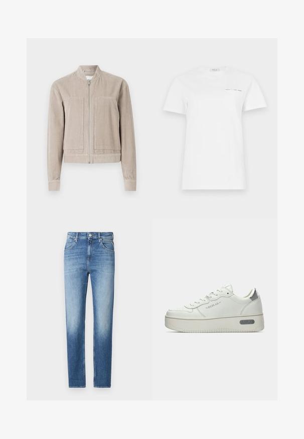 Beżowa kurtka bomber z materiału sztruksowego z zamkiem błyskawicznym, dwoma przednimi kieszeniami, ściągaczami na mankietach i kołnierzem stojącym. Teksturowany materiał z pionowymi paskami.; Biała koszulka bawełniana z okrągłym dekoltem, krótkimi rękawami i kieszonką na lewej piersi. Na przodzie znajduje się mały czarny nadruk z napisem "REPLAY EST 1981."; Jasnoniebieskie dżinsy z prostym krojem, z wyraźnym efektem wyblaknięcia, pięcioma kieszeniami i zapięciem na guzik w pasie. Wyrazisty detal w postaci przeszyć.; Białe skórzane sneakersy z teksturowaną podeszwą, z metalicznie srebrną piętą i logo "REPLAY" na boku. Minimalistyczny design.
