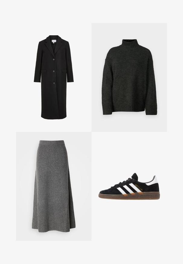Juodas vilnonis paltas su pritaikytu dizainu, turintis išpjautą apykaklę, ilgas rankoves, tris priekinės mygtukus ir šonines kišenes. Lygi tekstūra.; Vero Moda Tall VMMADDIE HIGHNECK PULL - Džemperis - dark grey melange; Lindex SKIRT INA - Maksi sijonas - dark grey melange; Juodos Adidas sportbačiai su baltais dryžiais, auksiniu „Spezial“ užrašu, guminėmis padais ir balta kulno juostele, rodomi šoninio vaizdo.