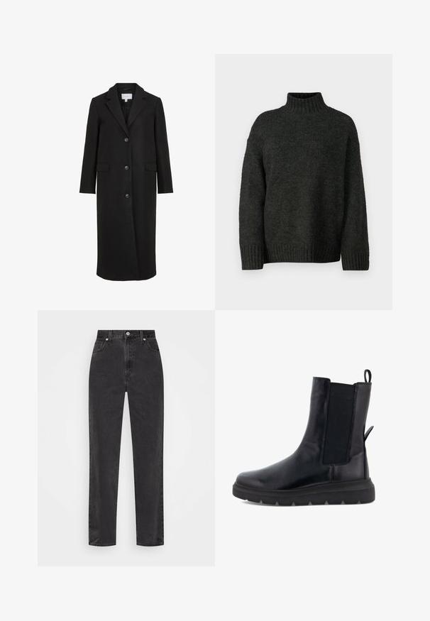 Schwarzer Wollmantel mit maßgeschneidertem Design, ausgestattet mit einem Reverskragen, langen Ärmeln, drei vorderen Knöpfen und Seitentaschen. Glatte Textur.; Vero Moda Tall VMMADDIE HIGHNECK PULL - Strickpullover - dark grey melange; Schwarze Denim-Jeans mit geradem Bein, hoher Taille, vorderem Knopf und Reißverschluss sowie fünf Taschen auf weißem Hintergrund.; Schwarze Knöchelstiefel aus glattem Leder mit elastischen Seitenpaneelen, einer Zugschlaufe an der Rückseite und einer dicken Gummisohle.