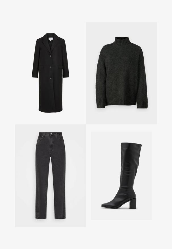 Black wool coat with a tailored design, featuring a notched collar, long sleeves, three front buttons, and side pockets. Smooth texture.; Vero Moda Tall VMMADDIE HIGHNECK PULL - Jumper - dark grey melange; Straight-leg black denim jeans with high waist, front button and zipper, and five-pocket styling on a white background.; RAID BLICK - Boots - black