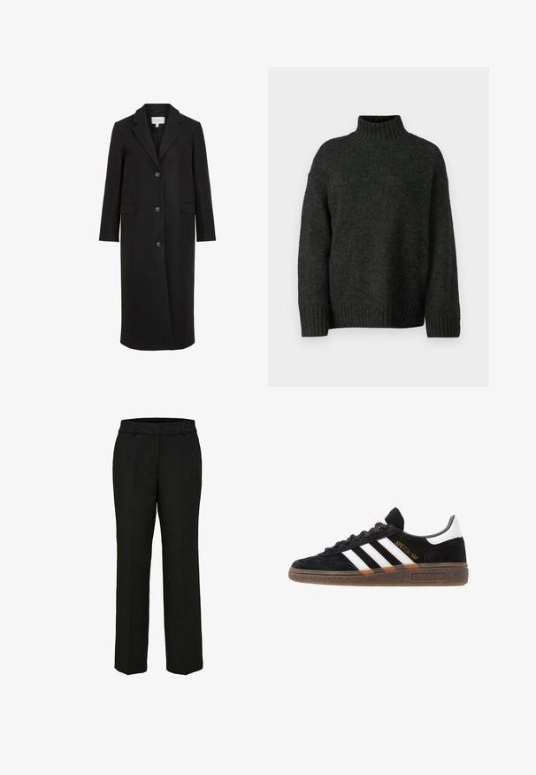 Black wool coat with a tailored design, featuring a notched collar, long sleeves, three front buttons, and side pockets. Smooth texture.; Vero Moda Tall VMMADDIE HIGHNECK PULL - Jumper - dark grey melange; Black, tailored trousers with a straight-leg design, belt loops, and front pockets; smooth fabric with a clean finish.; Black Adidas sneaker with white stripes, gold "Spezial" text, gum sole, and white heel tab, shown in profile view.