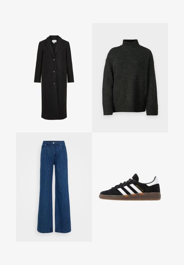 Casaco de lã preto com um design ajustado, apresentando um colarinho engenhisado, mangas longas, três botões frontais e bolsos laterais. Textura suave.; Vero Moda Tall VMMADDIE HIGHNECK PULL - Camisola - dark grey melange; Jeans de ganga azuis de perna larga com uma cintura alta, fecho frontal por botão e zip e bolsos dianteiros e traseiros sobre um fundo plain.; Sapatilha Adidas preta com riscas brancas, texto dourado "Spezial", sola de borracha e aba do calcanhar branca, apresentada em vista lateral.