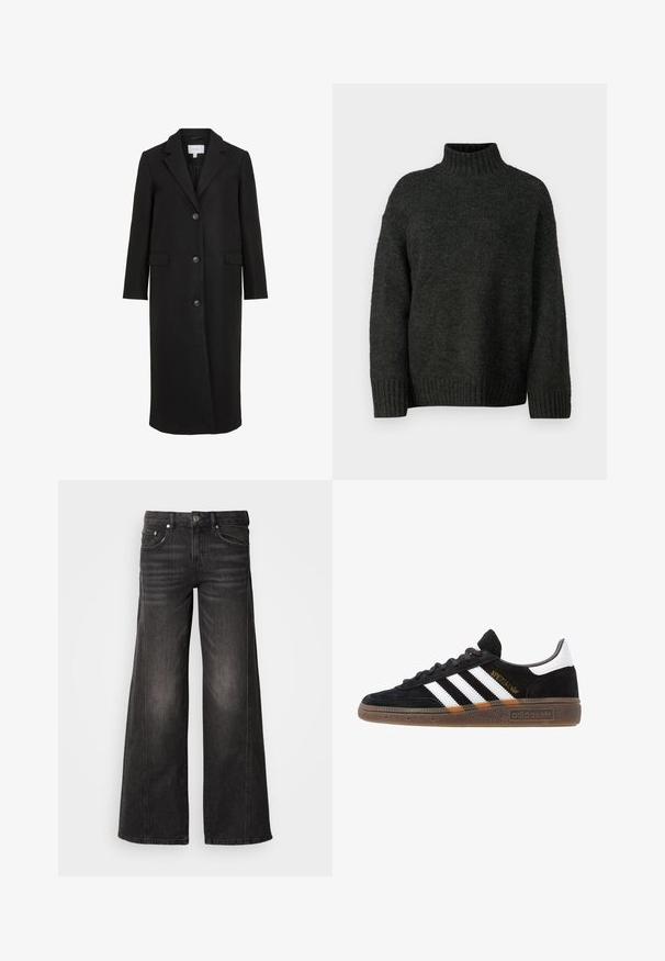 Czarny wełniany płaszcz o dopasowanym kroju, z klapami, długimi rękawami, trzema guzikami z przodu i bocznymi kieszeniami. Gładka struktura.; Vero Moda Tall VMMADDIE ciemnoszary melanż; Szerokie, czarne jeansy z denimu z wyblakłymi detalami, w stylu z pięcioma kieszeniami, z zapięciem na guzik i zamek błyskawiczny.; Czarny sneaker Adidas z białymi paskami, złotym napisem "Spezial", gumową podeszwą i białym elementem przy pięcie, przedstawiony w widoku z profilu.