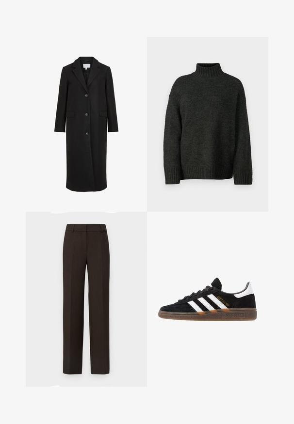 Crni kaput od vune s krojem po mjeri, s reverima, dugim rukavima, tri gumba sprijeda i bočnim džepovima. Glatka tekstura.; Vero Moda Tall VMMADDIE HIGHNECK PULL - Vesta - dark grey melange; Selected Femme SLFRITA WIDE PANT - Hlače - coffee bean melange; Crni Adidas tenisice s bijelim prugama, zlatnim natpisom "Spezial", gumeni potplat i bijeli oznaka na peti, prikazane u bočnom pogledu.