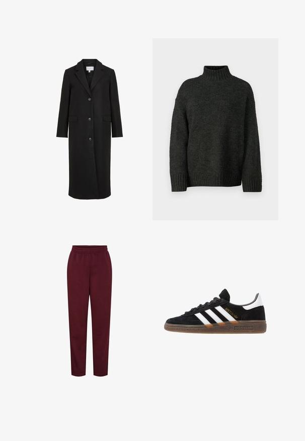 Cappotto di lana nera con un design su misura, dotato di colletto a punte, maniche lunghe, tre bottoni frontali e tasche laterali. Texture liscia.; Vero Moda Tall VMMADDIE HIGHNECK PULL - Maglione - dark grey melange; Pantaloni tuta bordeaux realizzati in materiale morbido, con vita elastica e gambe affusolate. Nessun motivo visibile o dettagli in metallo.; Sneaker Adidas nere con strisce bianche, testo "Spezial" dorato, suola in gomma e tab sul tallone bianco, mostrato in veduta laterale.