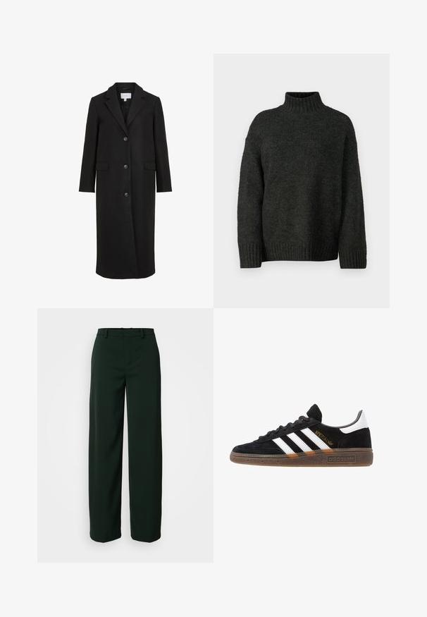 Palton negru din lână cu un design adaptat, având un guler cu tăietură, mâneci lungi, trei butoane în față și buzunare laterale. Textură netedă.; Vero Moda Tall VMMADDIE HIGHNECK PULL - Pulover - dark grey melange; DRYKORN DESK - Pantaloni - green; Sneaker Adidas negre cu dungi albe, text aurit "Spezial", talpă din cauciuc și tab de călcare alb, prezentat din vedere laterală.
