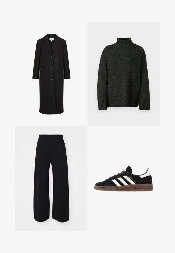 Schwarzer Wollmantel mit maßgeschneidertem Design, ausgestattet mit einem Reverskragen, langen Ärmeln, drei vorderen Knöpfen und Seitentaschen. Glatte Textur.; Vero Moda Tall VMMADDIE HIGHNECK PULL - Strickpullover - dark grey melange; GAP CASHSOFT TAILORED PANT - Stoffhose - black; Schwarzer Adidas Sneaker mit weißen Streifen, goldenem "Spezial"-Text, Gummisohle und weißem Fersenbereich, seitliche Ansicht.
