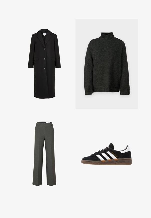 Palton negru din lână cu un design adaptat, având un guler cu tăietură, mâneci lungi, trei butoane în față și buzunare laterale. Textură netedă.; Vero Moda Tall VMMADDIE HIGHNECK PULL - Pulover - dark grey melange; Pantaloni largi din țesătură gri mediu, cu un croi drept, față plată și linii curate. Fără buzunare vizibile sau detalii metalice.; Sneaker Adidas negre cu dungi albe, text aurit "Spezial", talpă din cauciuc și tab de călcare alb, prezentat din vedere laterală.