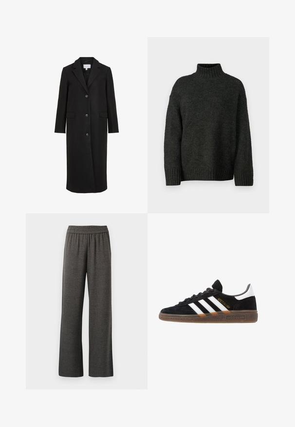 Sort uldfrakke med skræddersyet design, der har en spids krave, lange ærmer, tre frontknapper og sidelommer. Glat tekstur.; Vero Moda Tall VMMADDIE HIGHNECK PULL - Striktrøje - dark grey melange; Grå brede bukser i et tekstureret stof, med elastisk talje og uden lommer, designet til komfort og bevægelsesfrihed.; Sort Adidas sneakers med hvide striber, guld "Spezial" tekst, gummisål og hvid hælflap, vist i profil.