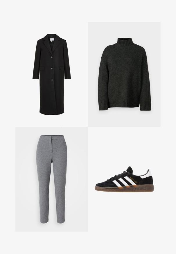 Svart ullfrakk med skreddersydd design, med slagkrage, lange ermer, tre frontknapper og sidelommer. Glatt tekstur.; Vero Moda Tall VMMADDIE HIGHNECK PULL - Strikkegenser - dark grey melange; Grå strikkede leggings med et tettsittende design, høyt liv og glatt tekstur. Har et subtilt mønster og ingen synlige detaljer.; Sorte Adidas sneakers med hvite striper, gull "Spezial" tekst, gummisåle og hvit hælklaff, vist fra profil.