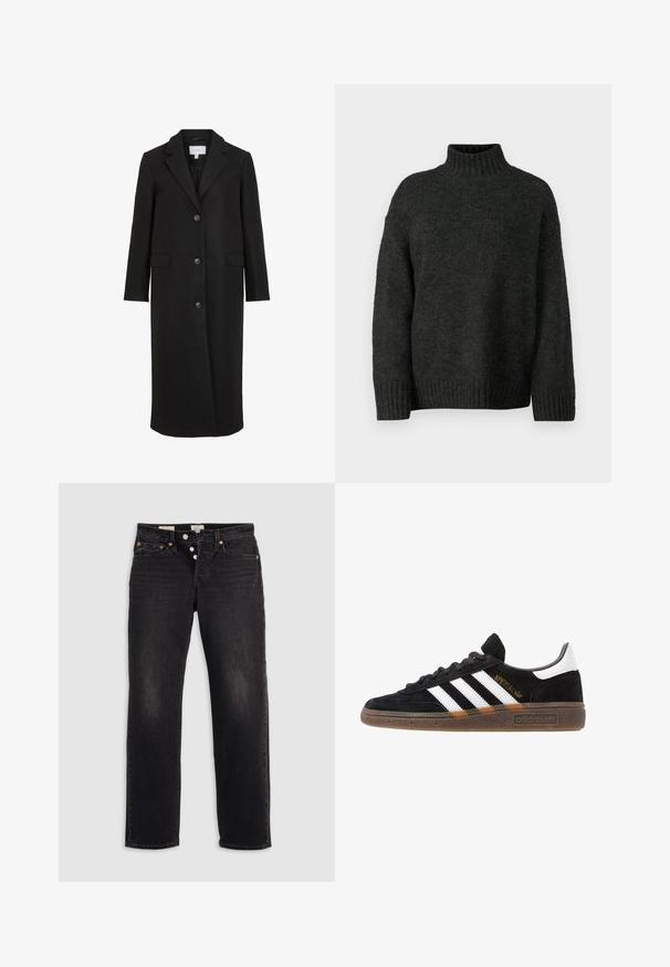 Černý vlněný kabát s upraveným střihem, který má klopový límec, dlouhé rukávy, tři přední knoflíky a boční kapsy. Hladká textura.; Vero Moda Tall VMMADDIE HIGHNECK PULL - Svetr - dark grey melange; Černé džíny z denimového materiálu se středně širokým střihem, obsahující pět kapes, měděné nýty a tlačnou légu. Měkká textura s jemnými detaily vyblednutí.; Černé tenisky Adidas se bílými pruhy, zlatým textem "Spezial", gumovou podešví a bílou patní částí, zobrazené v bočním pohledu.